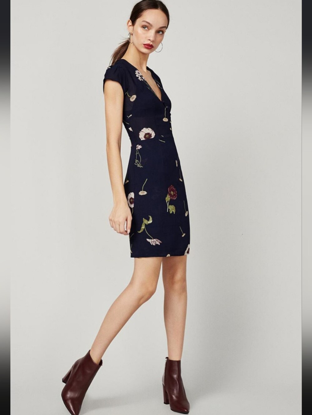 Reformation Ailey Dress Navy Floral Covered Button V-Neck Cap Sleeve Mini 4